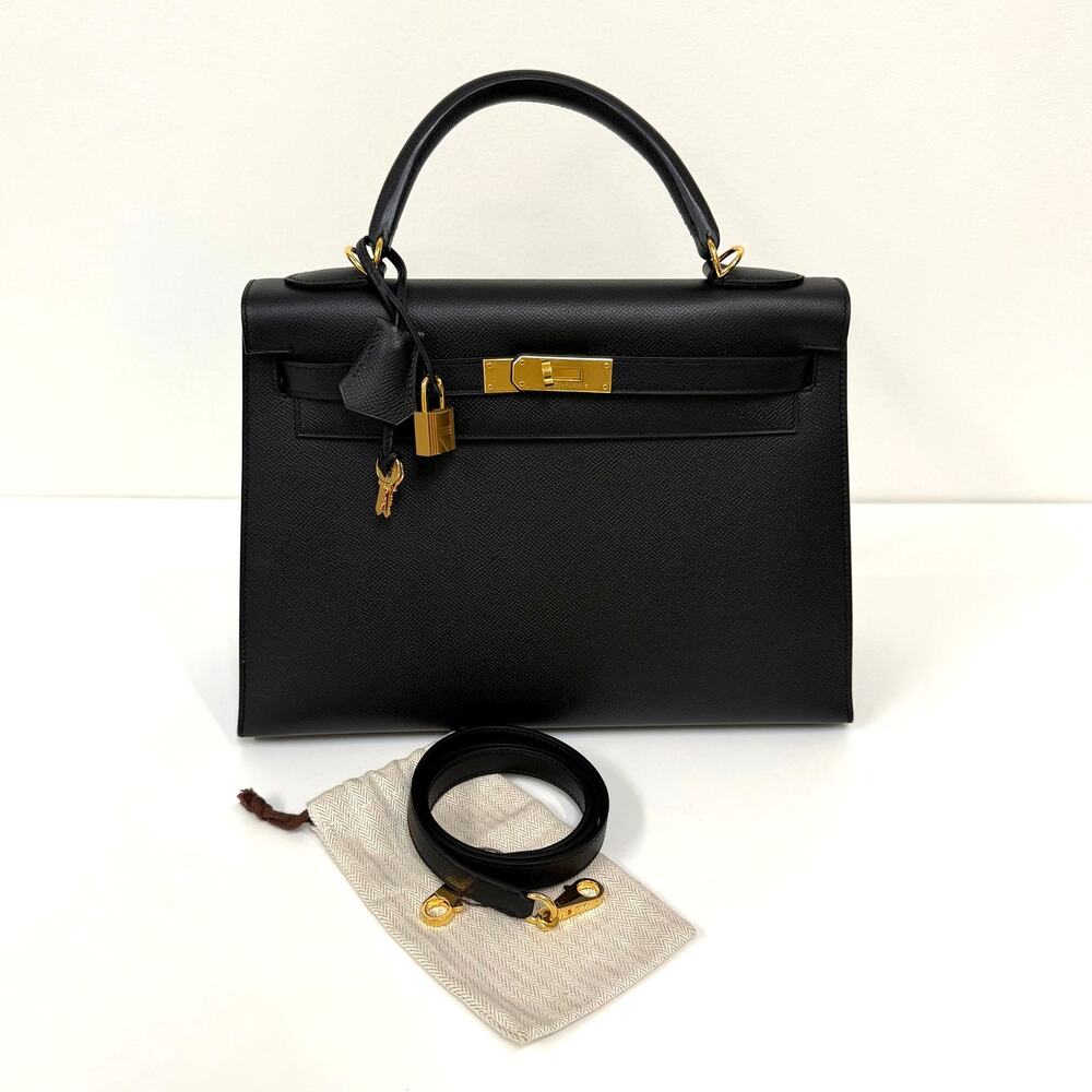 HERMES Kelly 32 Black Epsom Gold Hardware Handbag Leather Top Handle Crossbody - Picture 1 of 13